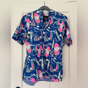 Vineyard Vines Royal Blue Short Sleeve Shirt with Pink & Green Sailboat Print